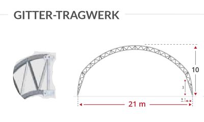Shelterall Gitter-Tragwerk mit 21 Meter Spannweite und Gibelhöhe 10 Meter